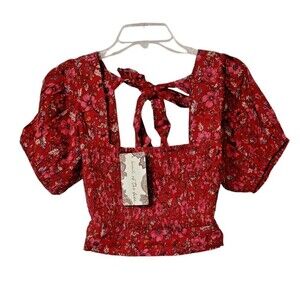 Band of the Free BOG Crop Top Womens Small Red Floral Boho Tie Back Smocked