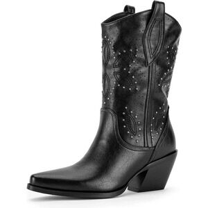 Women Black  Embroidered Cowgirl with Studded, Heel Boots Ladies Fall Winter