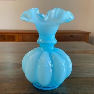 Fenton Ruffled Vase Baby Blue Vintage Art Glass  Bright Blue Flower Vase