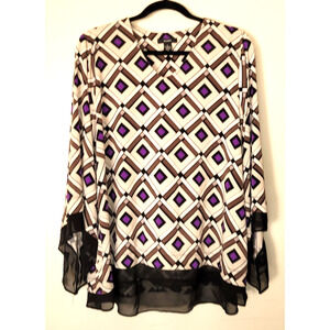 Alfani Hi Low Sleeves Chiffon Purple Cream Geometric Print Blouse Top L Boho