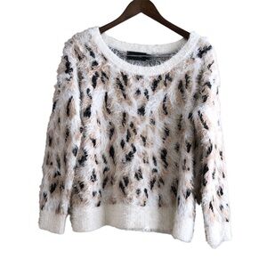 3/$30 Minkpink Soft Comfy Fuzzy Leopard Print Long Sleeve Sweater Shirt White