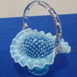 Vintage Fenton Blue Opalescent Glass Hobnail Vase Basket