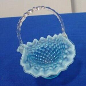 Vintage Fenton Blue Opalescent Glass Hobnail Vase Basket