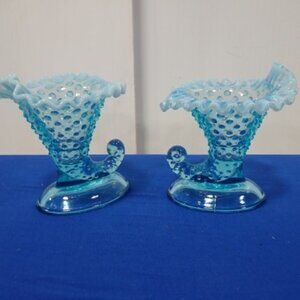 Fenton Blue Opalescent Hobnail Glass Cornucopia Horn Candleholder Vase Set of 2