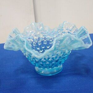 Fenton Hobnail Blue Opalescent Round Crimped Bowl