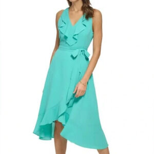 NWT Kensie Size 10 Women's Belted Ruffle Asymmetric Midi Dress in Aqua