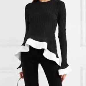 Esteban Cortazar Fluted Panel Ribbed Knit Bell Sleeve Sweater Top Black White S