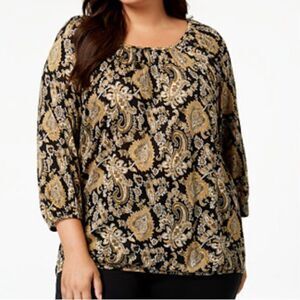 MICHAEL Michael Kors Paisley Bohemian Peasant Top in Black/Tan Women’s XL