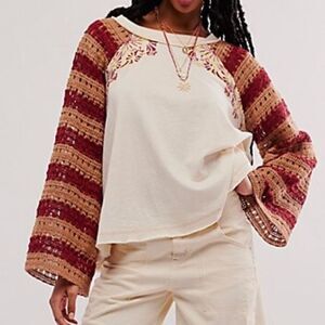 Free People Festival Ready Tee Crochet Sleeve Cream & Rust Knit Top Size Large