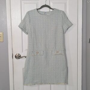 NWT BeBop Preppy Tweed Fringe Pearly Button Blue/Cream Shift Dress Size Large