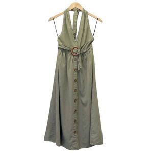 Lulus Feeling the Breeze Olive Green Buttoned Halter Backless Midi Dress Size XS