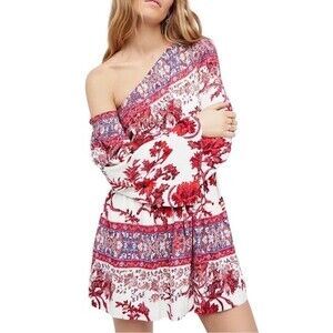 NEW Free People Nomad One Shoulder Red White Floral Boho Dress Size Small NWOT