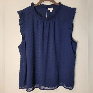 J CREW women's navy Swiss dots sheer ruffles shirt sleeveless blouse top size 2X