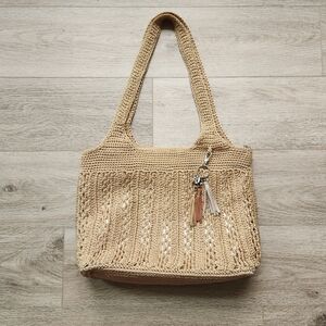 The Sak Tan Crocheted Tote Shoulder Bag With Gold Metallic Underlay Purse