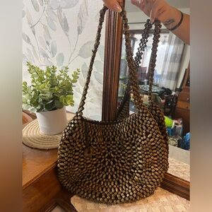 THE SAK Montara Vegan Brown Wood Beaded Hand Crochet Bohemian Hobo Shoulder Bag