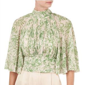 NWT Amur Bibi Pleated Leaf Print Plisse Blouse in Ecru/Green Large