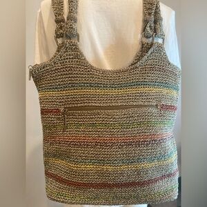 The Sak~Boho Vibe~Gray/Taupe & Multi-Colored Stripes~Crocheted~Shoulder/Tote Bag