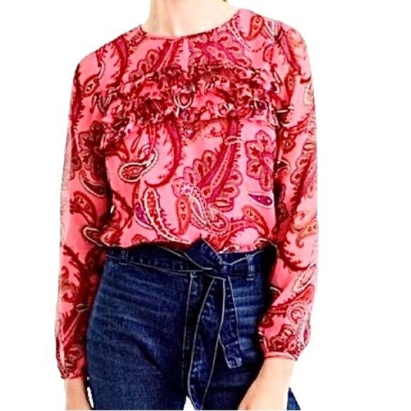 J Crew Silk Chiffon Paisley Ruffled Top in Pink Multi Women’s 4 - Picture 1 of 10