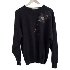 Vtg Fairset Embellished Floral Appliqué Sequin Black Whimsigoth Sweater Large