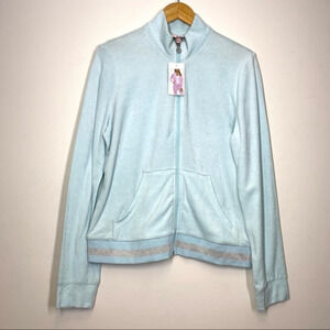 Juicy‎ Couture Micro Terry Full Zip Jacket Color Blue Glow Sz Large MSRP $108