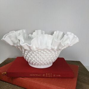 Fenton white Hobnail ruffled edge candy dish center piece bowl 10"