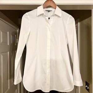 $598 EUC Lafayette 148 White Stretch Cotton Button Front Top Shirt Size P 0 2