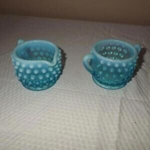 Blue Hobnail Opalescent Glass Cream and Sugar