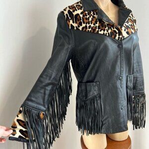 Vintage 1980’s Fringe Motorcycle Leather Fur Jacket Leopard Pony Hair Small