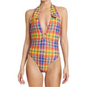 NWT WeWoreWhat Collar Racerback One Piece Swimsuit Rainbow Plaid Size Medium NEW