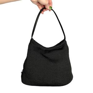 The Sak Elliott Lucca black nylon woven slouchy double strap bucket hobo bag