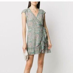 ALL Saints Zini Shahmina Wrap Dress 8 Short Sleeve Paisley Green Size 8