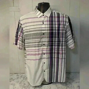 Alfani Men's Shirt Classic-Fit Plaid Short Sleeve Button Up Purple Grey Size L