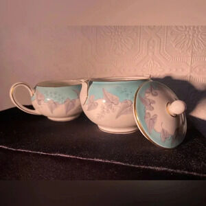 Wedgwood Bone China Buxton Turquoise with Gold Rim Creamer and Sugar Set