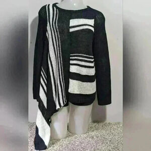 Chico's Women's Size 0 Black White Striped Open Knit Asymmetrical LS Sweater