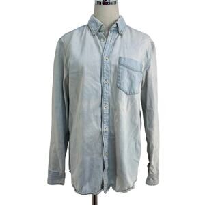 Zara Denim Shirt Distressed Light Wash Blue Button Up Long Sleeves