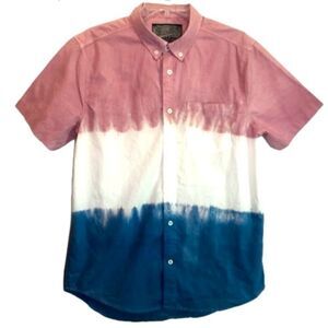 Brooklyn Cloth Tricolor Dyed Short Sleeve Button Down in Pink/White/Blue Men’s M