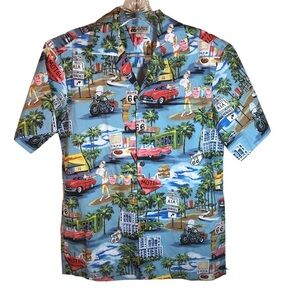 Aloha Republic Route 66 Memory Lane Blue Men's Hawaiian Shirt size S made in USA