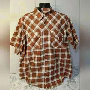 Haband  Button Up Shirt Adult  X-Large Orange Check Short Sleeve Casual Mens