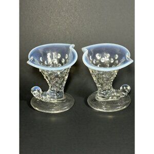 Pair Of FENTON Mini Moonstone Hobnail Cornucopia Toothpick Candle Holder