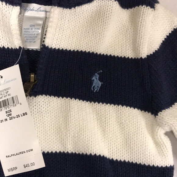 NEW Ralph Lauren baby boy sweater 12 months blue white striped 1/4 zip pullover - Picture 3 of 9