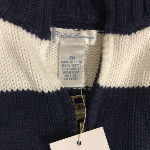 NEW Ralph Lauren baby boy sweater 12 months blue white striped 1/4 zip pullover - Picture 6 of 9