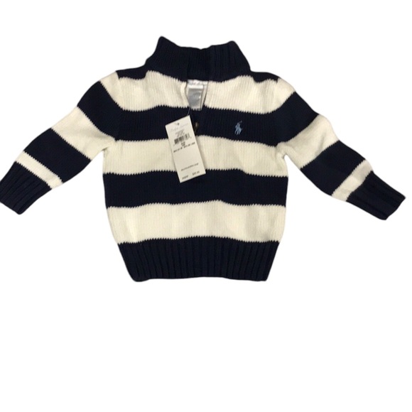 NEW Ralph Lauren baby boy sweater 12 months blue white striped 1/4 zip pullover - Picture 1 of 9