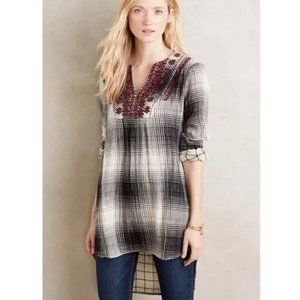 Anthropologie Floreat Plaid Boho Embroidered Beaded Tunic