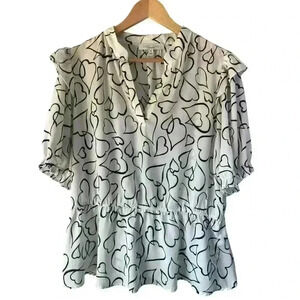 Sweet Rain Women's Heart Abstract Black White 3/4 Ruffle Sleeve Blouse Size 2X