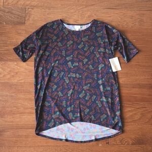 LuLaRoe Irma Butterfly Top Womens Xs Oversized Blue Purple Short Sleeve Tunic