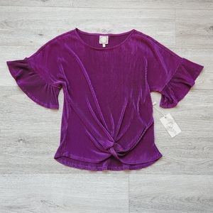 Tru Self Purple Ruffle Sleeve Top Womens Small Front Tie Ribbed Nwt