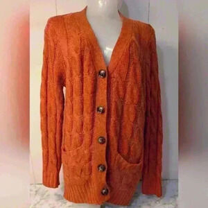 C+D+M Womens M Brick Red Button Up Collarless Comfy Chunky Cable Knit Sweater