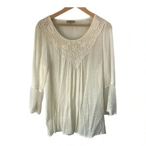 Oh Gussie Women’s BoHo Cream Embroidery Front and Sleeves Blouse Size Large