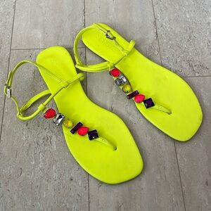 Schutz Jeweled Square Toe Neon Sandals Retro Boho Yellow 10