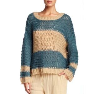 Free People Monaco Striped Chunky Open Knit Slouchy Relaxed Sweater Blue Medium